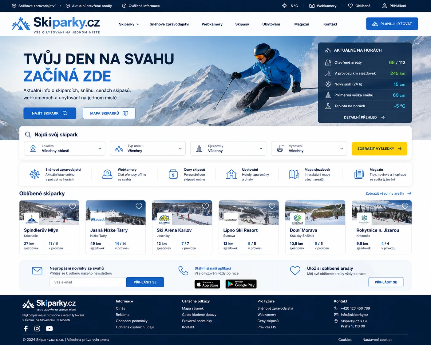 Ilustrační návrh portálu Skiparky.cz s přehledem lyžařských areálů, sněhem, webkamerami a službami pro lyžaře